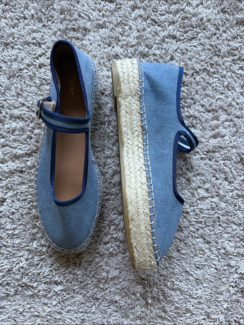 Maeve Light Blue Canvas Mary Jane Espadrilles with Navy Trim
